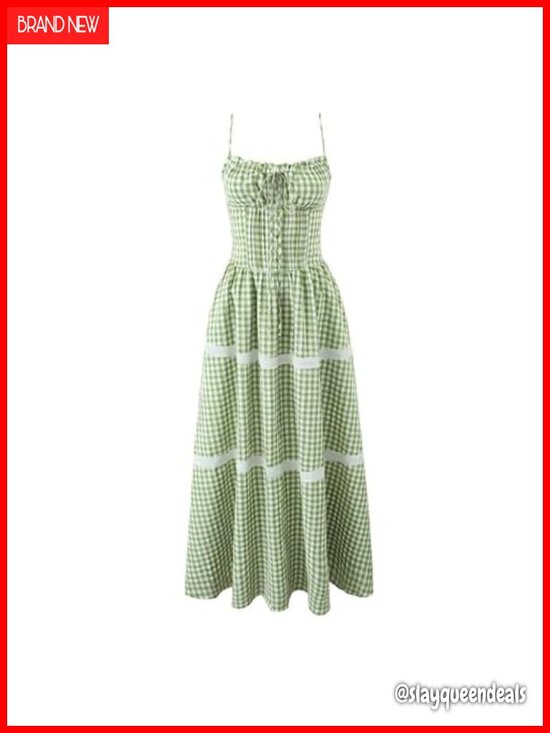 Dresses & Skirts - Women's Casual Vintage Lace Long Beach Corset Green Dress Gingham Spaghetti